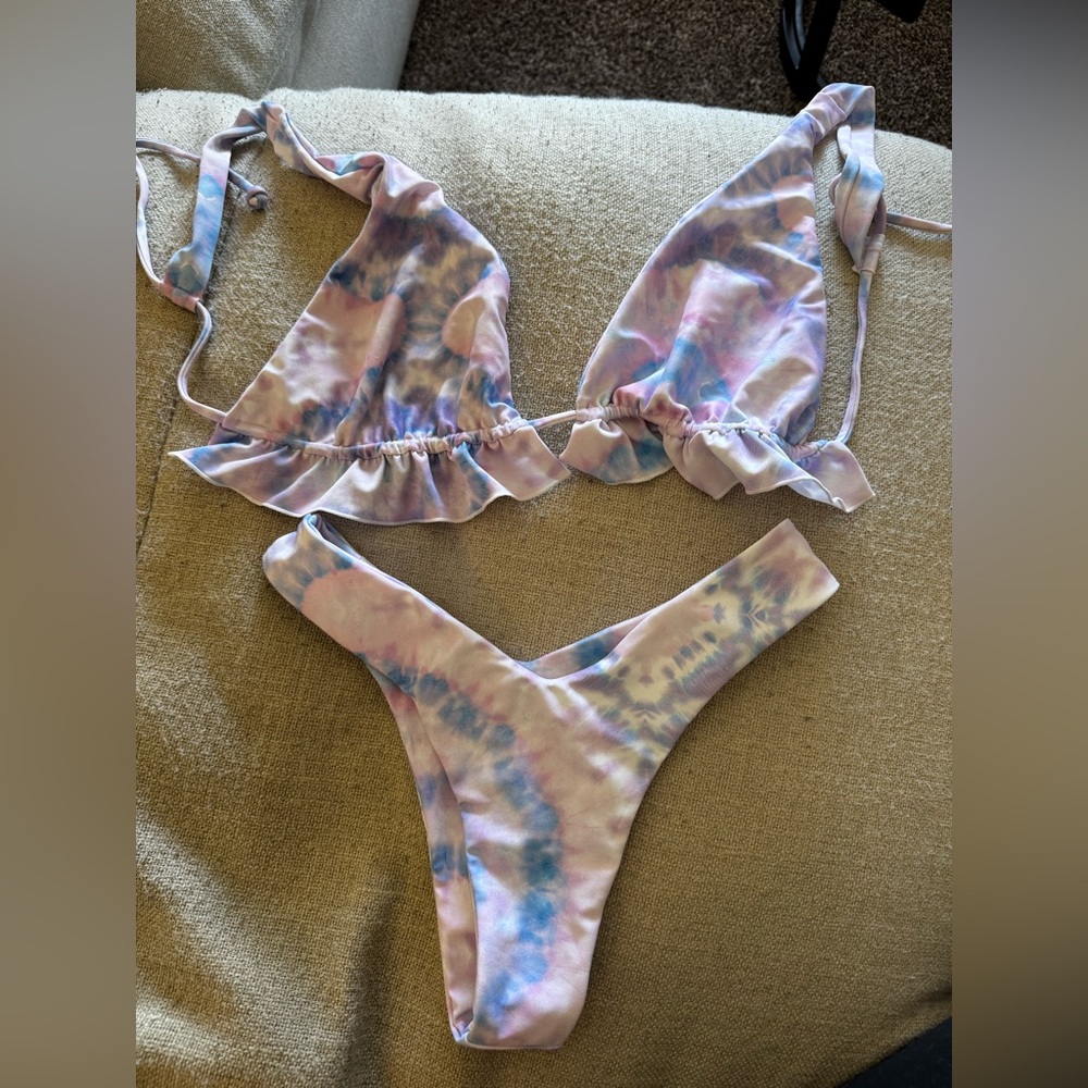 Tie-Dye Pastel Ruffle Triangle Bikini Top and High-Cut Bottom - Women